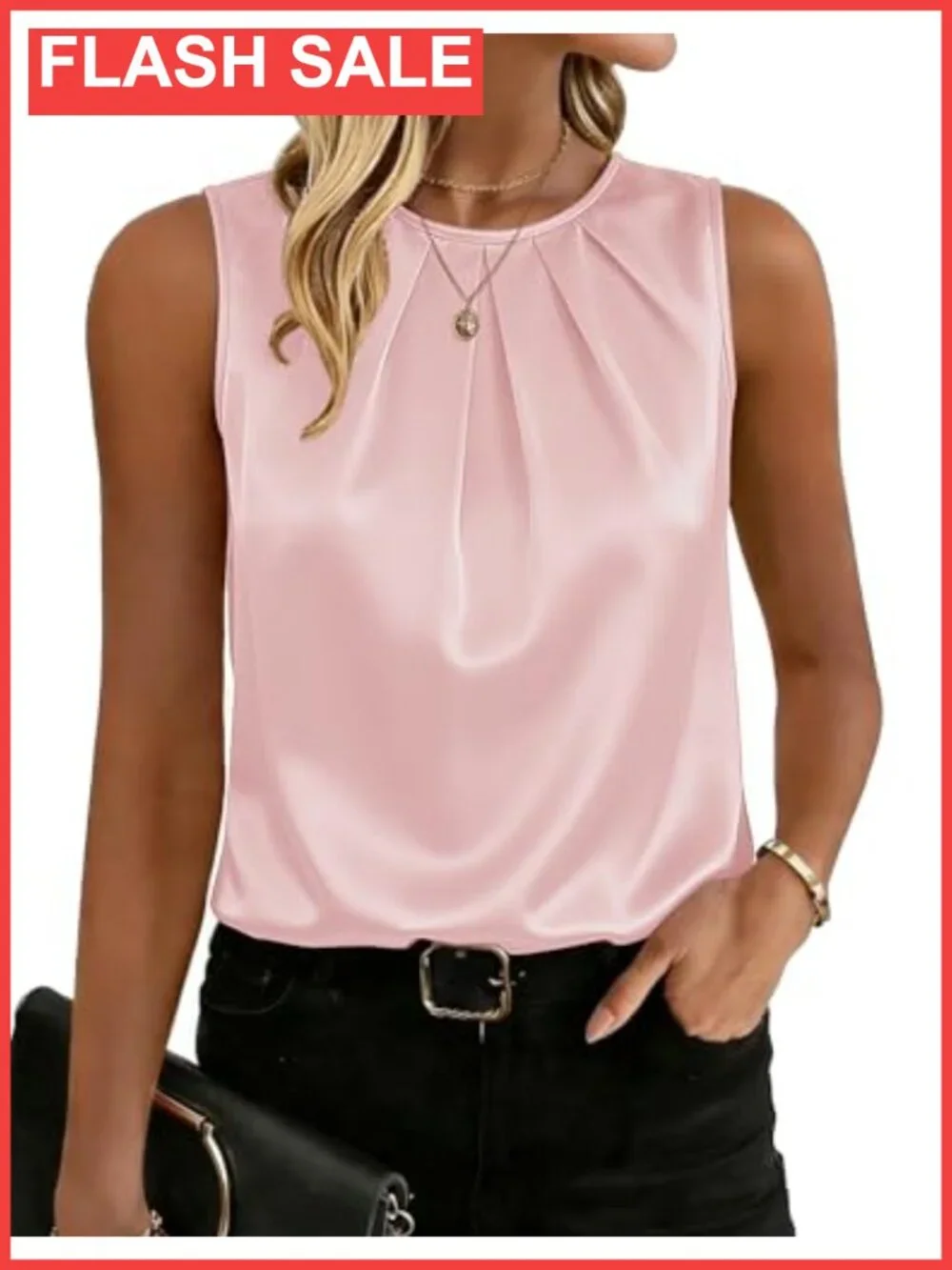 Silk Satin Tank Top Pleated Crew Neck Sleeveless Business Casual Blouse